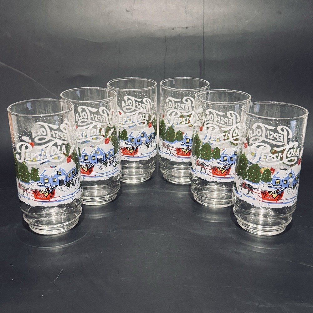(6) Vintage Pepsi-Cola Winter Scene Christmas 80s Collector Glasses Tumblers